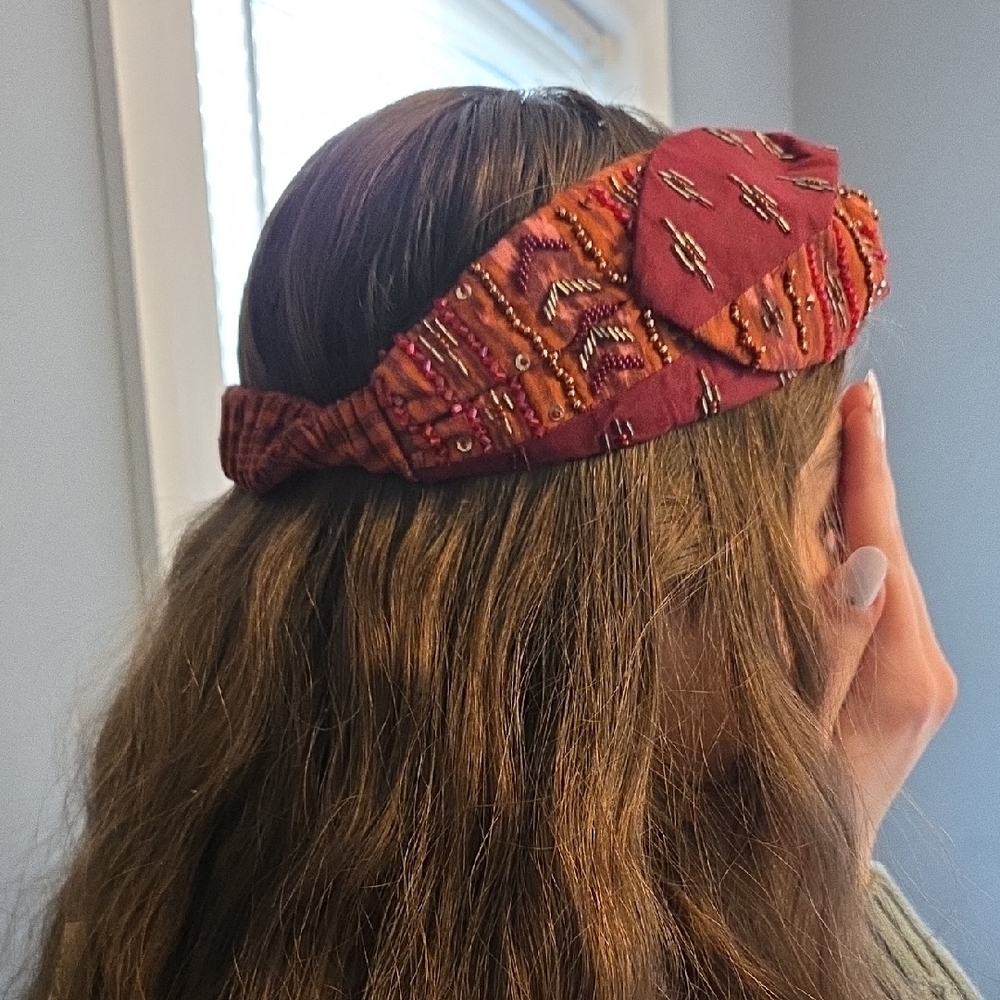 Anthropologie Burgundy Embroidered Headband